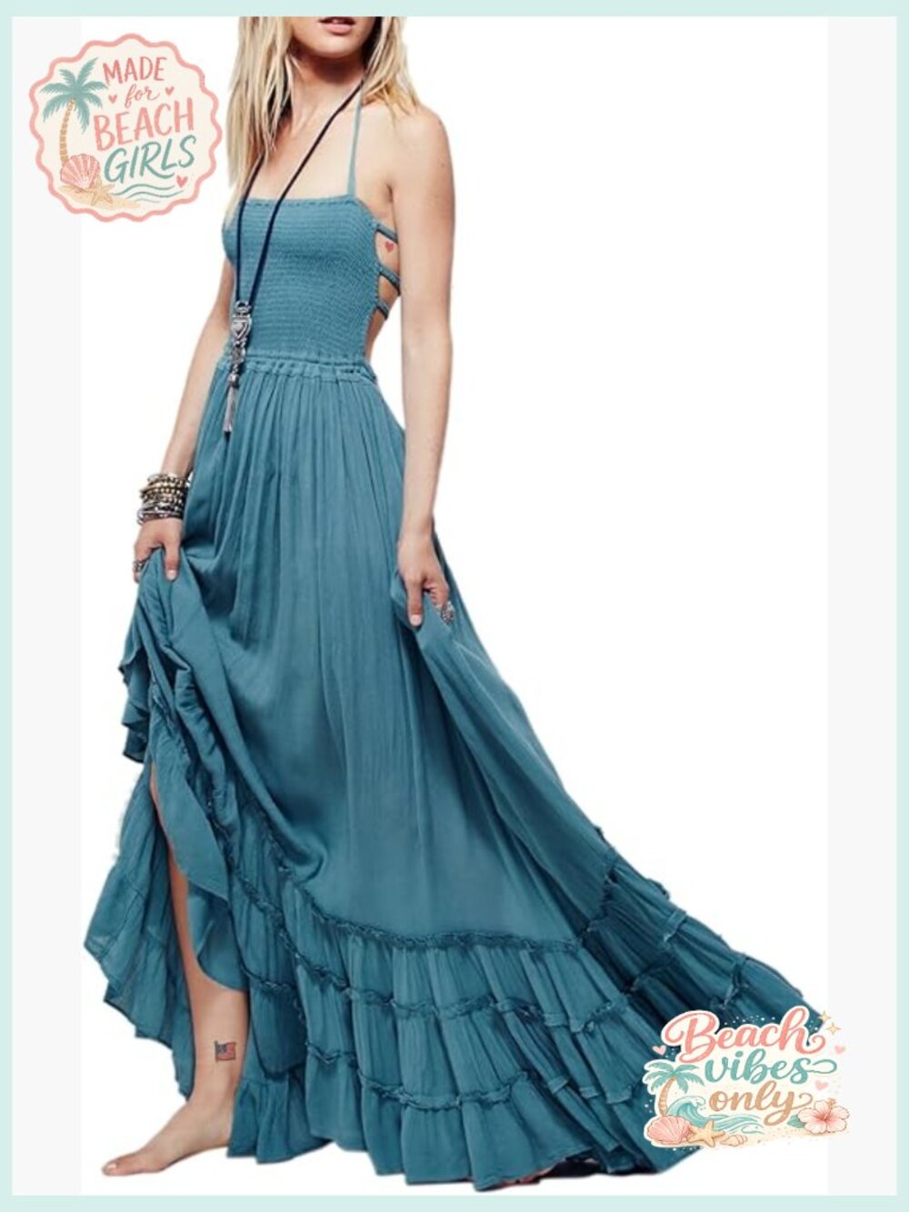 Boho Backless Maxi Dress with Smocked Bodice - Sleeveless Halter